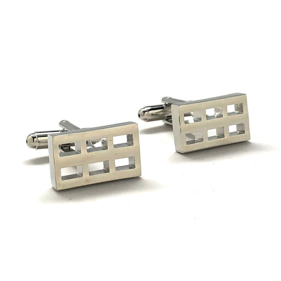 Six Grid Cufflinks Shiny Silver Tone Raised Cut Out Details Cuff Links Comes with Gift Box Image 1