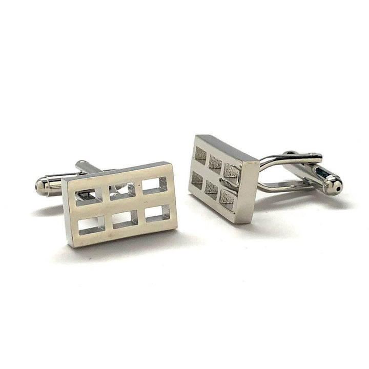 Six Grid Cufflinks Shiny Silver Tone Raised Cut Out Details Cuff Links Comes with Gift Box Image 2