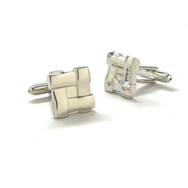 Silver Block Weave Cufflinks Shiny Silver Tone Raised Detail Cuff Links Comes with Gift Box Image 2