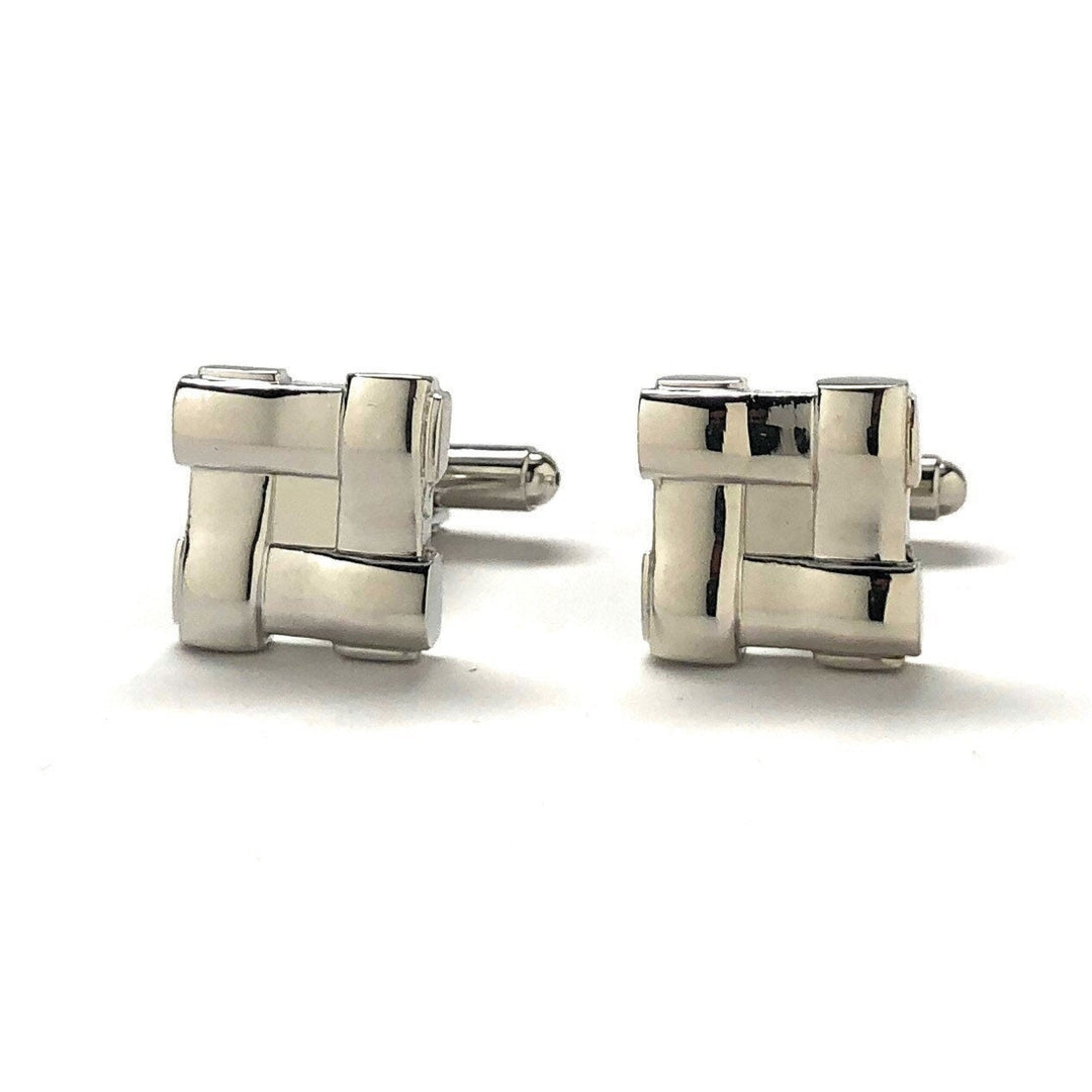 Silver Block Weave Cufflinks Shiny Silver Tone Raised Detail Cuff Links Comes with Gift Box Image 4