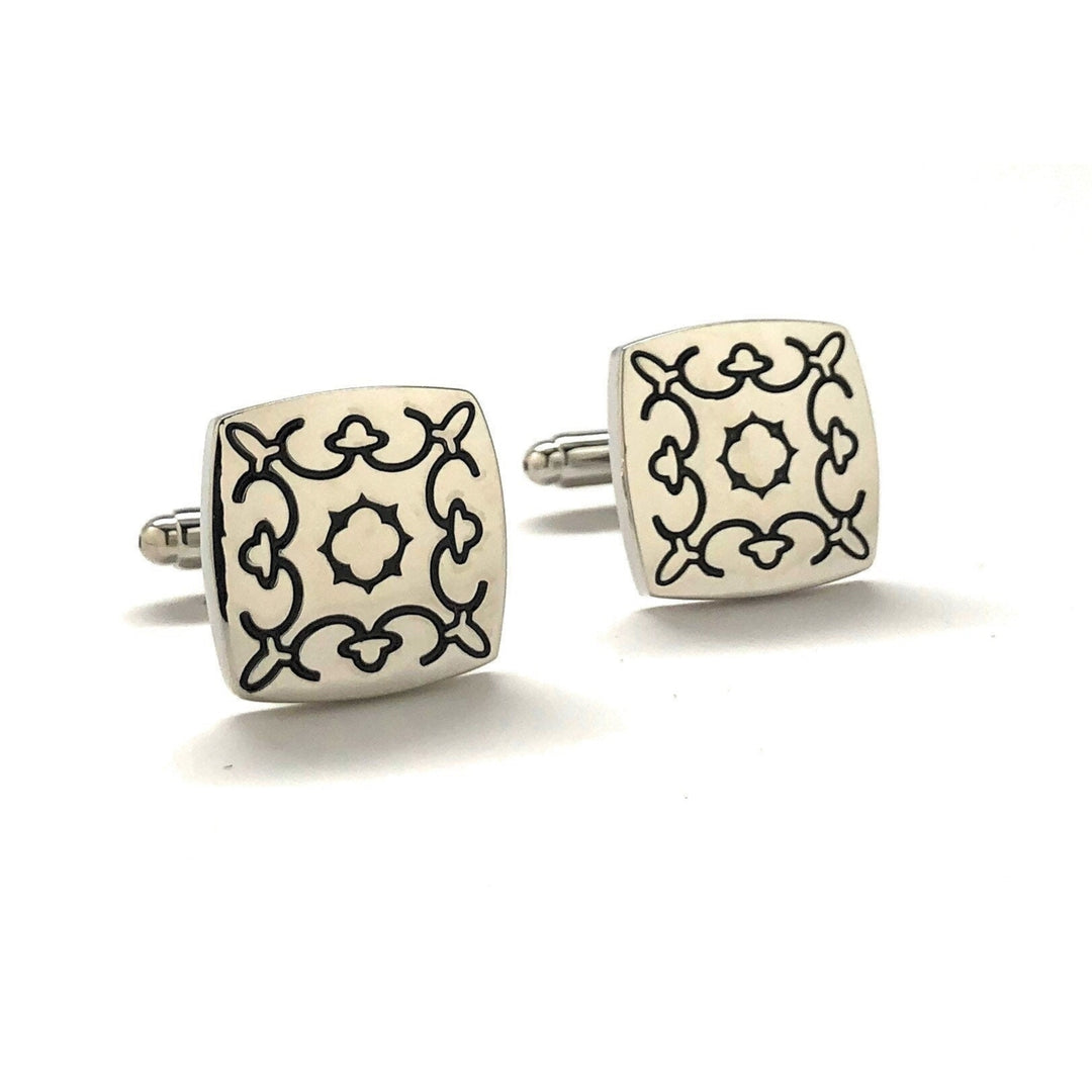 Tribal Symbol Cufflinks Shiny Silver Tone with Black Enamel Etched Detail Cuff Links Comes with Gift Box Image 1