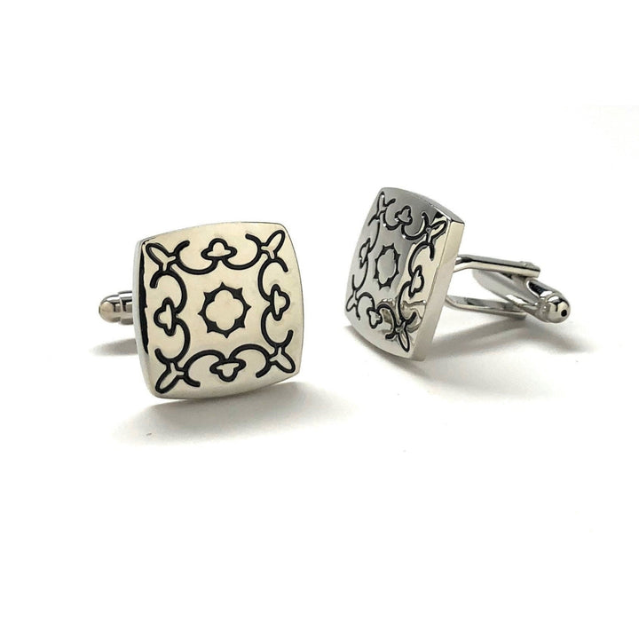 Tribal Symbol Cufflinks Shiny Silver Tone with Black Enamel Etched Detail Cuff Links Comes with Gift Box Image 2