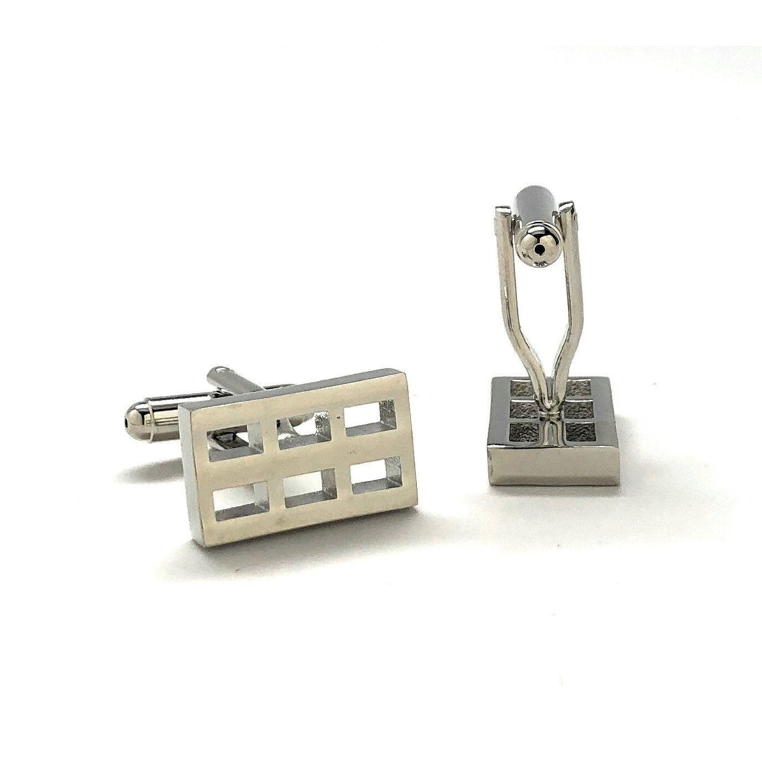 Six Grid Cufflinks Shiny Silver Tone Raised Cut Out Details Cuff Links Comes with Gift Box Image 3