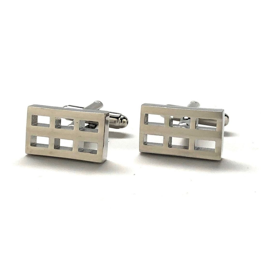 Six Grid Cufflinks Shiny Silver Tone Raised Cut Out Details Cuff Links Comes with Gift Box Image 4