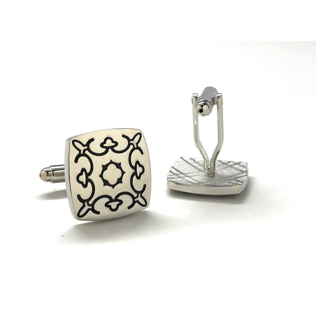 Tribal Symbol Cufflinks Shiny Silver Tone with Black Enamel Etched Detail Cuff Links Comes with Gift Box Image 3