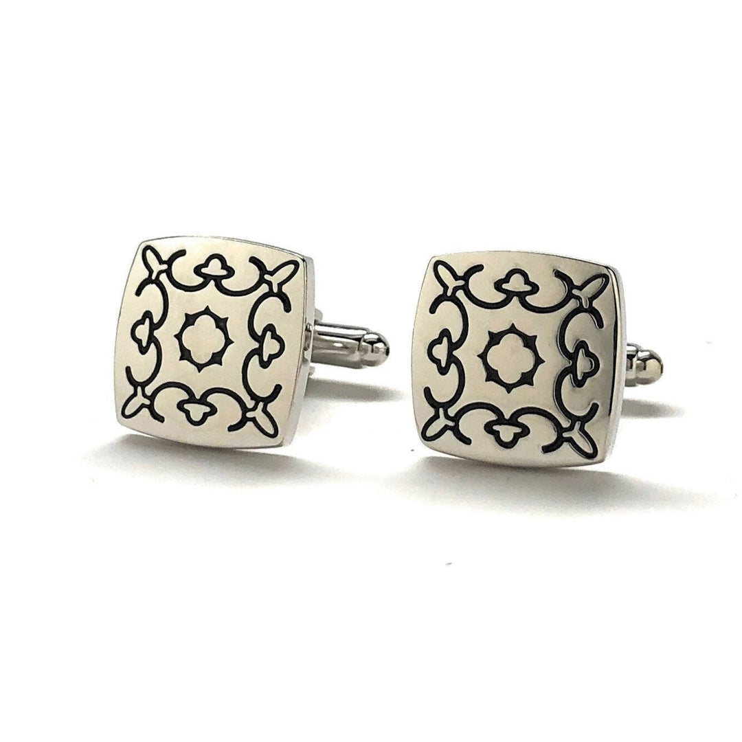 Tribal Symbol Cufflinks Shiny Silver Tone with Black Enamel Etched Detail Cuff Links Comes with Gift Box Image 4