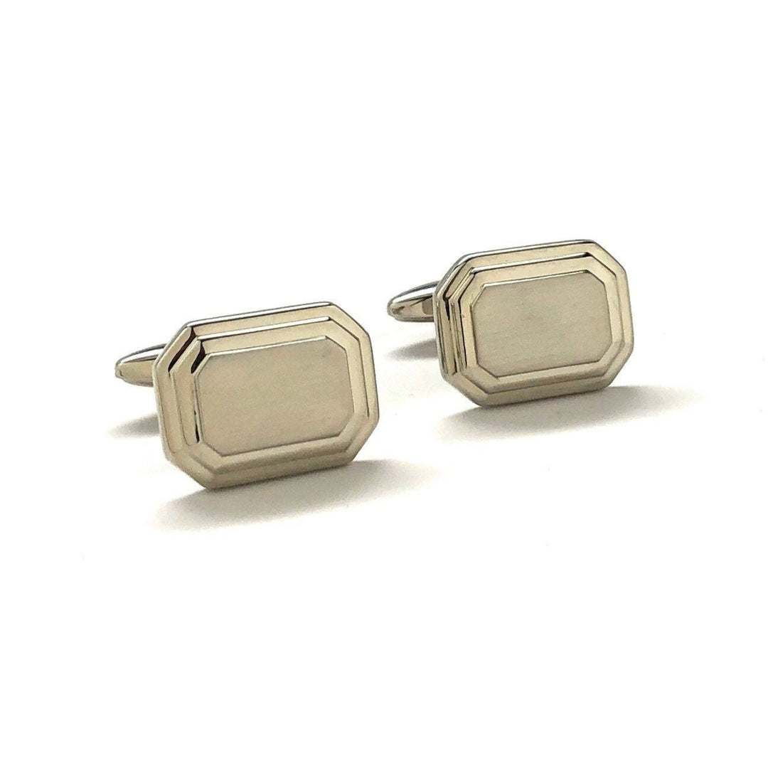 Silver Step Cufflinks Shiny Silver Tone with Brush Silver Block Cuff Links Comes with Gift Box Image 1