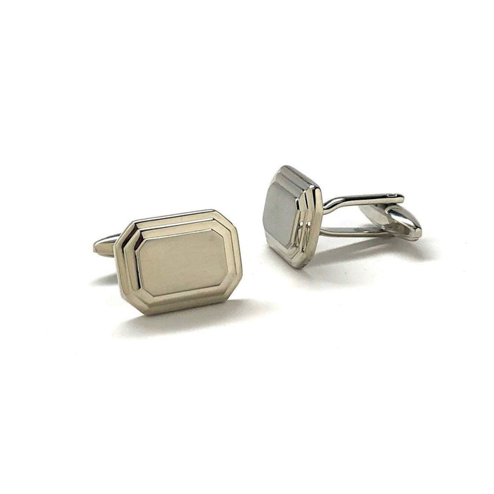 Silver Step Cufflinks Shiny Silver Tone with Brush Silver Block Cuff Links Comes with Gift Box Image 2