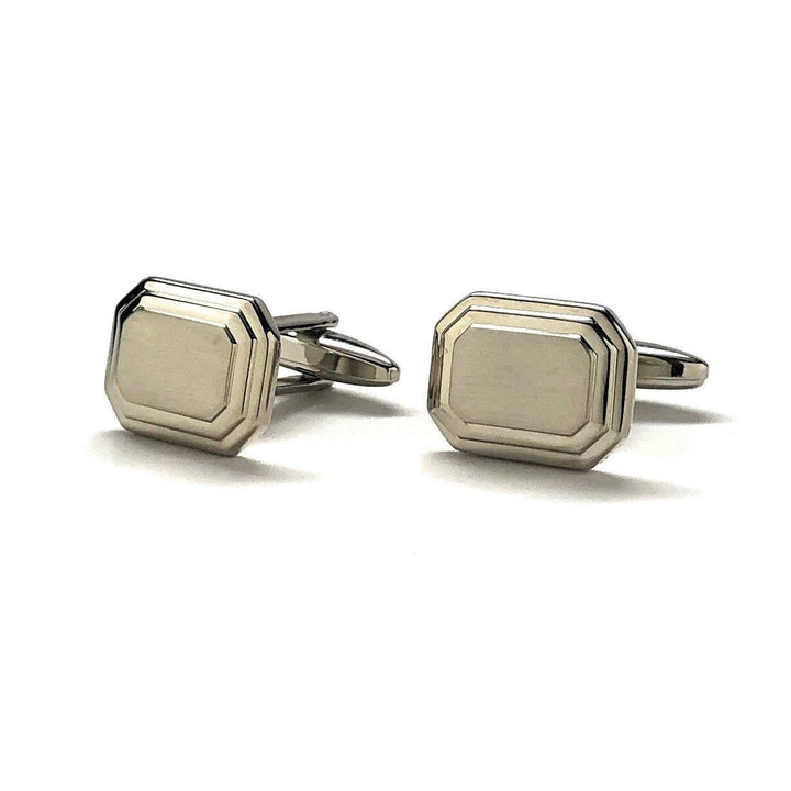 Silver Step Cufflinks Shiny Silver Tone with Brush Silver Block Cuff Links Comes with Gift Box Image 4
