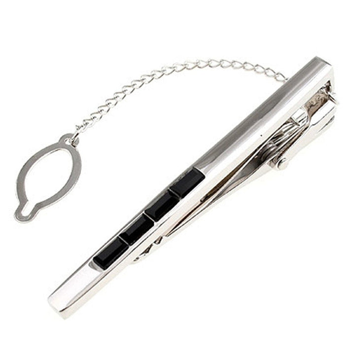 Gleaming Silver with Four Midnight Black Crystal Inset Tie Clip w Button Chain Tie Bar Silver Tone Very Cool Comes with Image 1