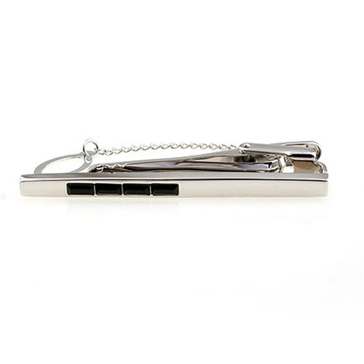 Gleaming Silver with Four Midnight Black Crystal Inset Tie Clip w Button Chain Tie Bar Silver Tone Very Cool Comes with Image 2