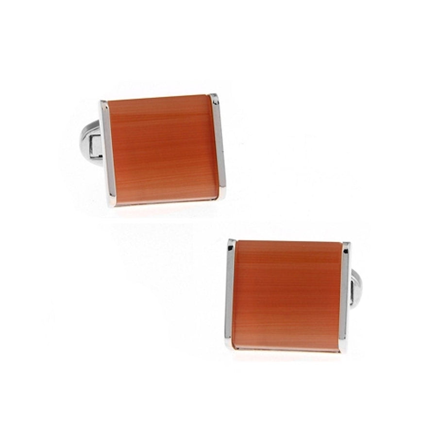 Orange Dash Wood Cufflinks Trim in Silver Tone Power Block Cuff Links Whale Tail Backing Comes with Box Image 1