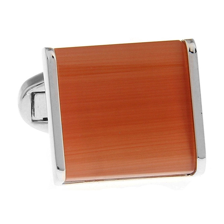 Orange Dash Wood Cufflinks Trim in Silver Tone Power Block Cuff Links Whale Tail Backing Comes with Box Image 3