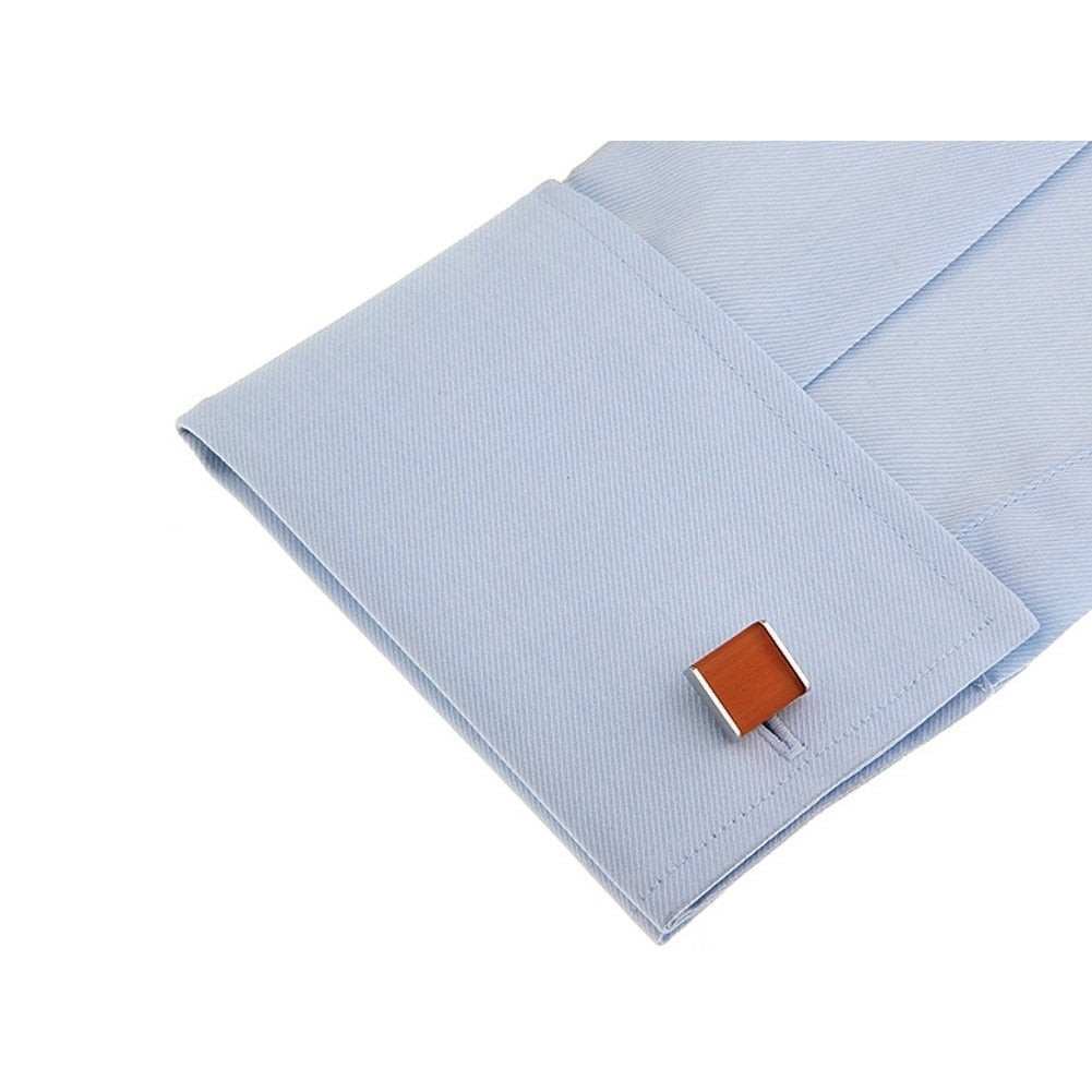Orange Dash Wood Cufflinks Trim in Silver Tone Power Block Cuff Links Whale Tail Backing Comes with Box Image 4