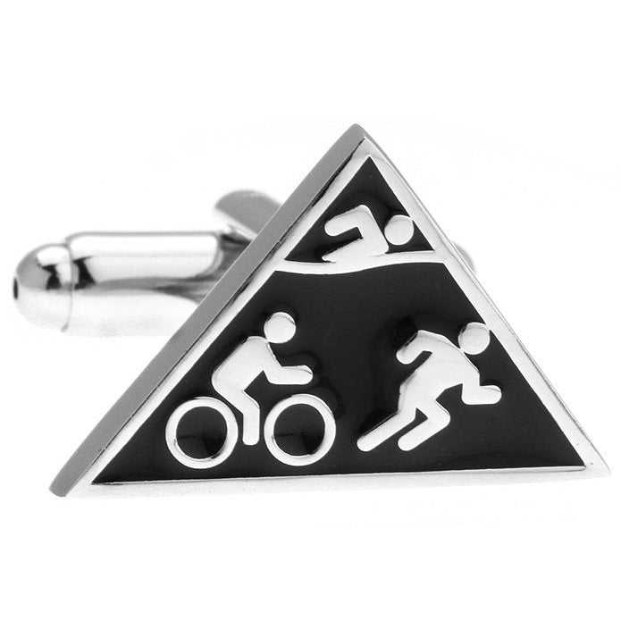 Triathlon Cufflinks Swim Bike Run Triangle Design 3D Black Enamel Matt Finish Silver Tone Sport Cool Fun Competition Image 3