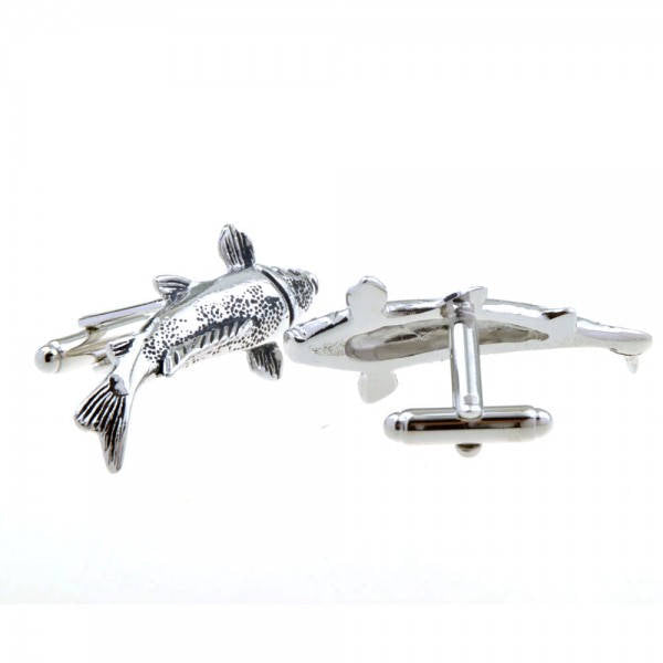 Silver Tone Koi Fish Cufflinks Black Enamel highlights 3D Design Bullet Backing Lucky Fish Cuff Links Comes with Box Image 2
