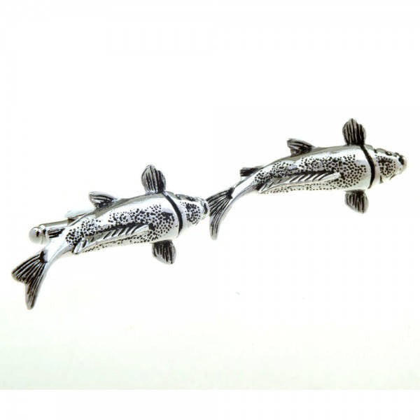 Silver Tone Koi Fish Cufflinks Black Enamel highlights 3D Design Bullet Backing Lucky Fish Cuff Links Comes with Box Image 4