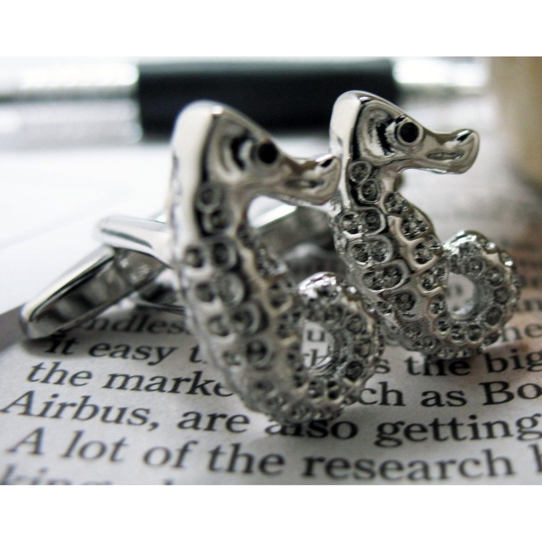 Sea Horse Cufflinks Silver Tone Bright Crystals Seahorse Cuff Links Image 3