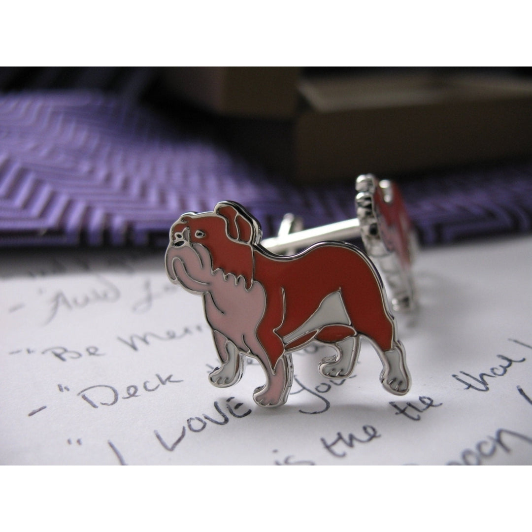 Bulldog Cufflinks Animal Dogs Engraved Silver Toned and Enamel Toned Cuff Links Image 1
