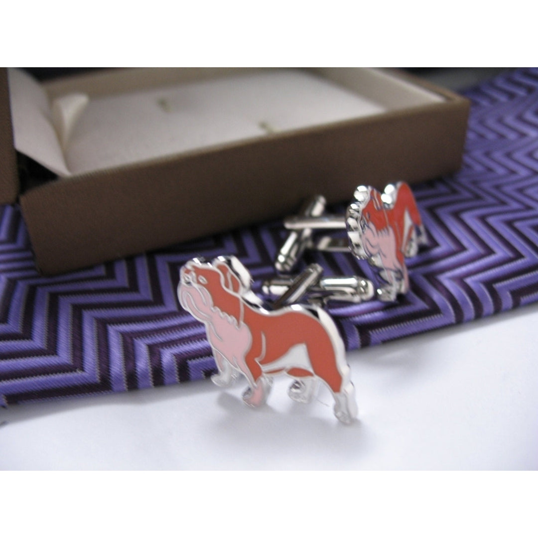 Bulldog Cufflinks Animal Dogs Engraved Silver Toned and Enamel Toned Cuff Links Image 3