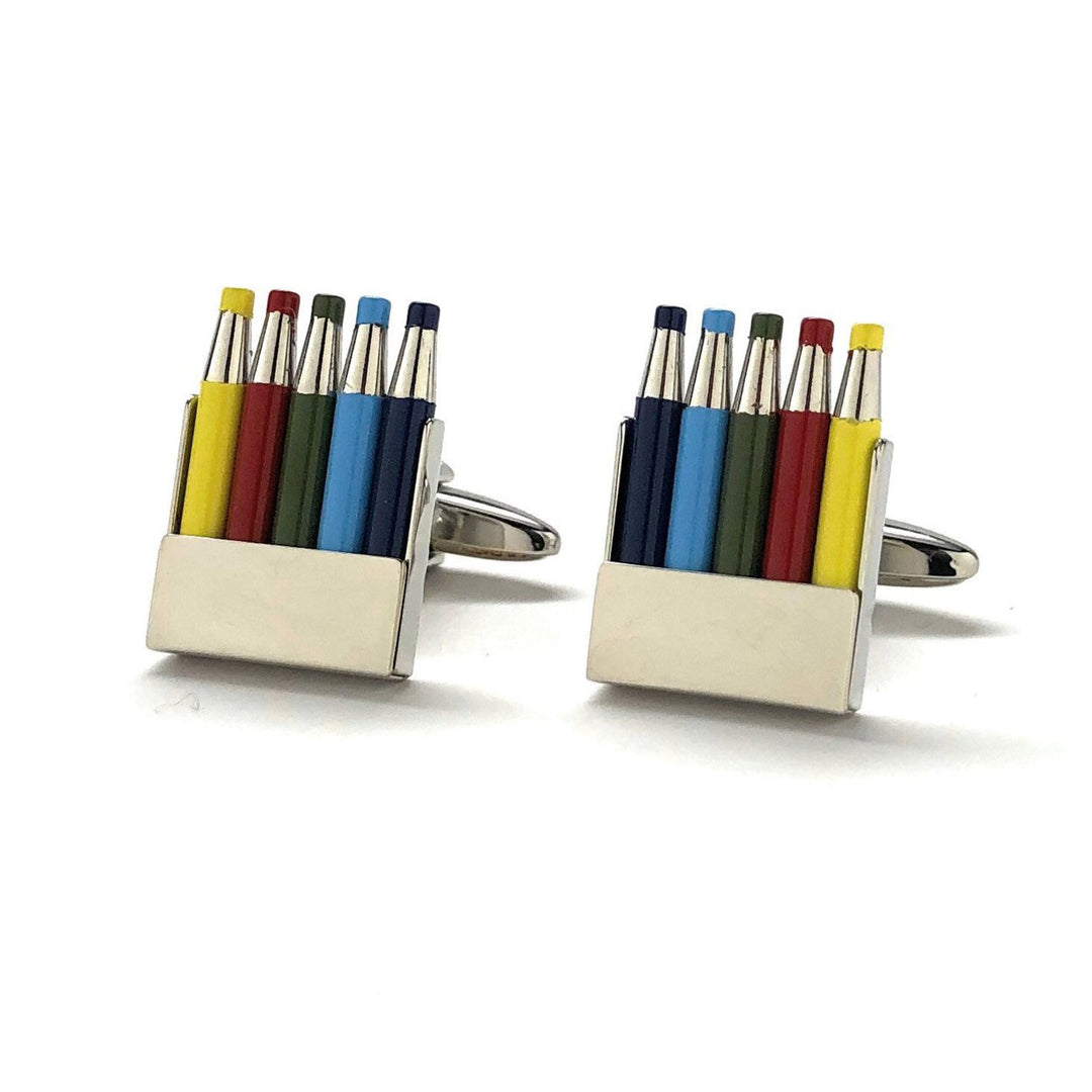 Autism Cufflinks Colored Pencils Autism Awareness Cuff Links Silver Tone Bright Colors Fun Coloring Artist Painting Image 1