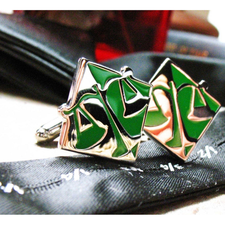 Scales of Justice Cufflinks Judge Law Lawyer Unique Silver Tone Green Enamel Cuff Links Image 1