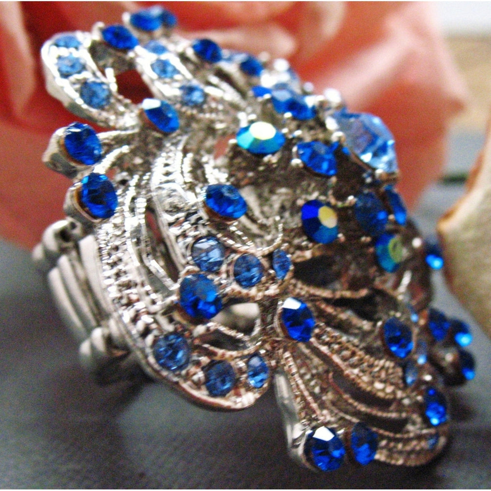 Blue Swirl Flower Stretch Ring Sparkling Silver Toned Blooming Flower Blue Crystals Ring Image 2