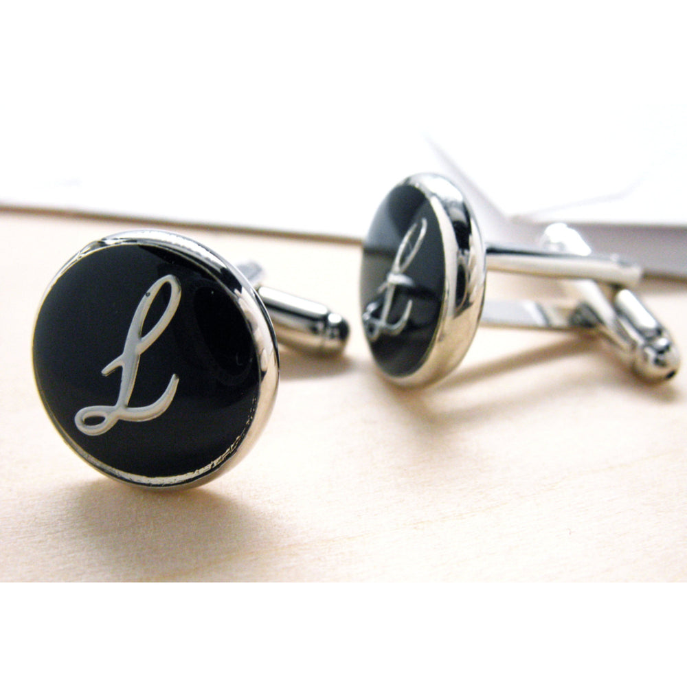 L Cufflinks Initial Silver Round Black Enamel Script Letters Cuff Links Groom Father Bride Wedding Anniversary Fathers Image 2