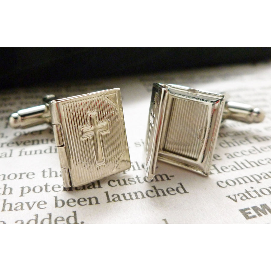 Bible Locket Cufflinks Silver Toned Etched Metal Cuff Links Image 1
