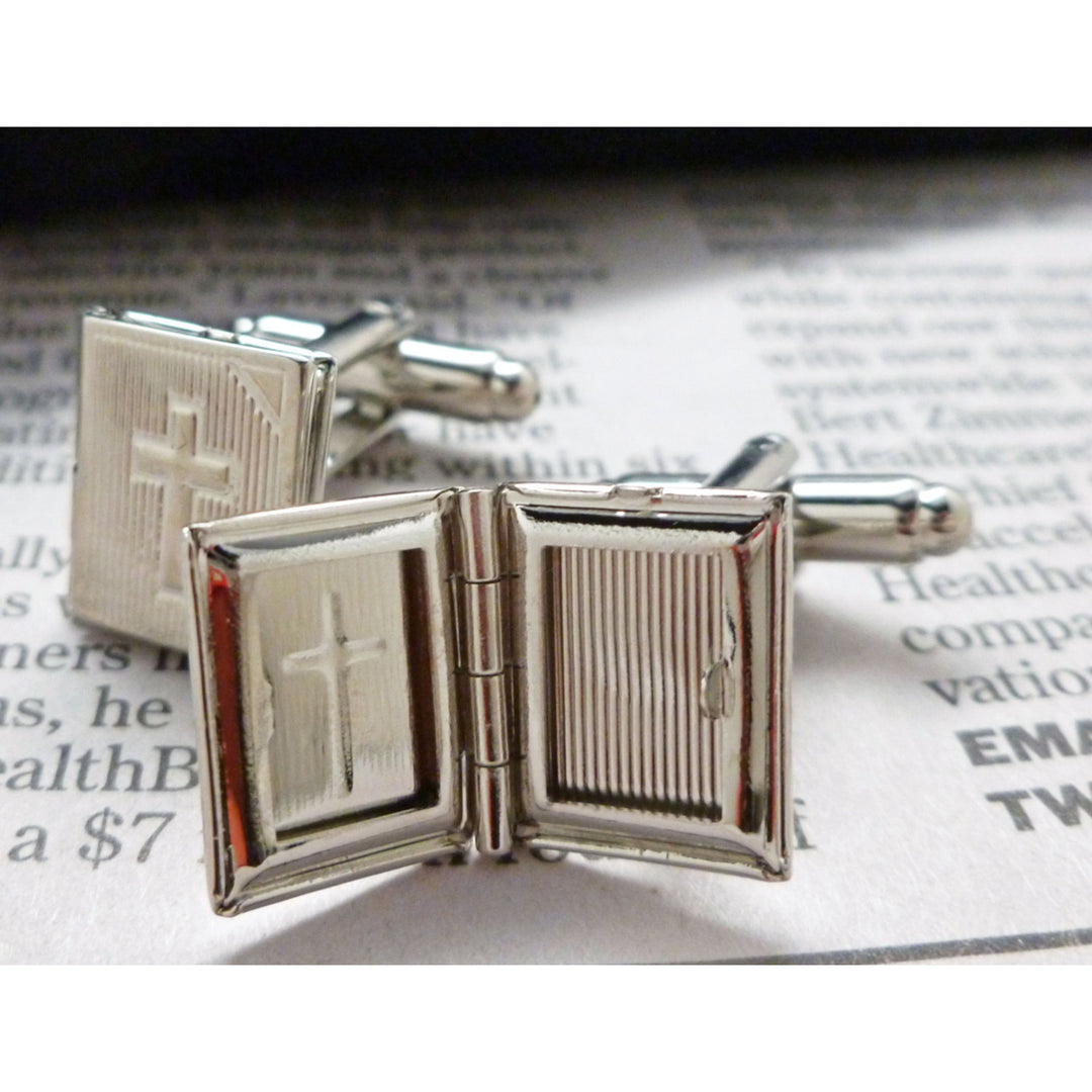 Bible Locket Cufflinks Silver Toned Etched Metal Cuff Links Image 3