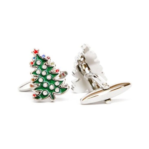 Christmas Tree Cufflinks Winter Holiday Tree Ornaments with Crystals Green Hard Enamel Finish Christmas Family Parties Image 2