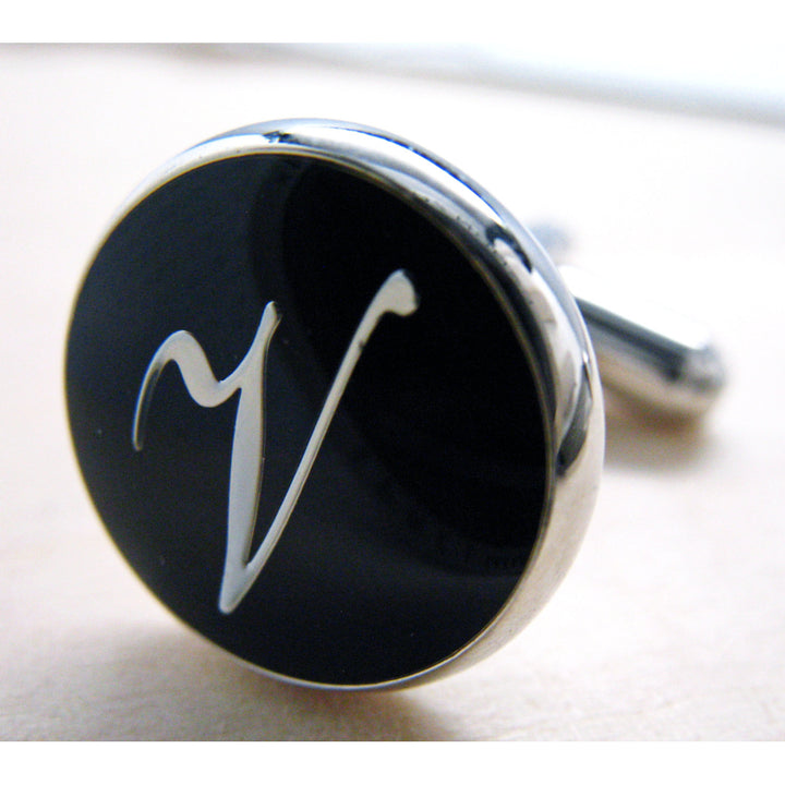 V Cufflinks Initials Silver Round Black Enamel Script Letters Vintage Cuff Links Groom Father Bride Wedding Anniversary Image 1