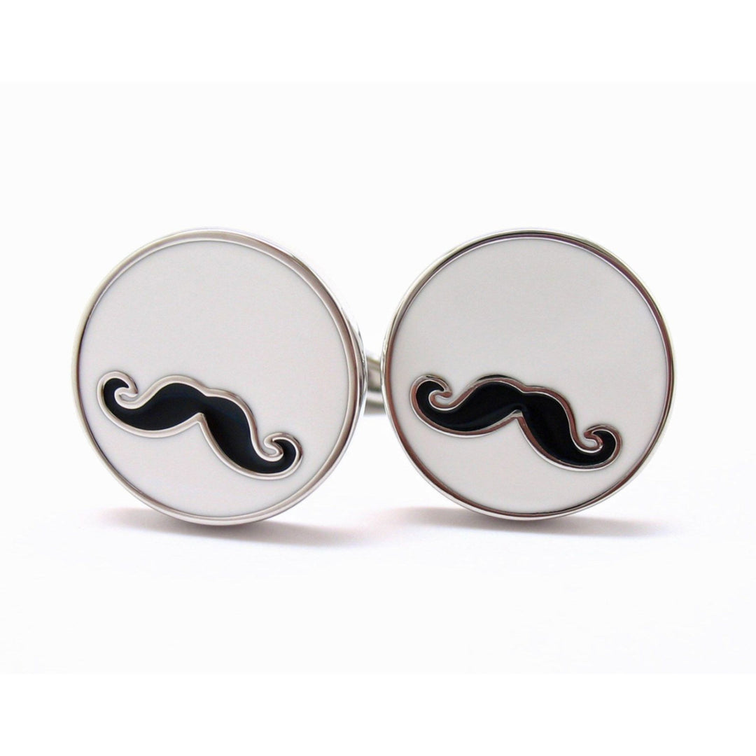Papas Moustache Cufflinks Black Handlebar White Enamel Round Cuff Links Beard Whiskers Mustachio Comes with Gift Box Image 1