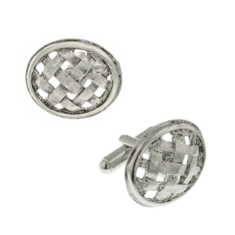 Lattice  Weave Cufflinks Embossed Silver Tone Antique Oval Classic Wedding Cuff Links Open Oval Woven  Gifts for Dad Image 1