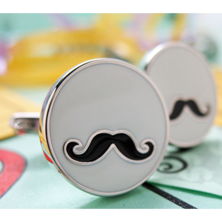 Papas Moustache Cufflinks Black Handlebar White Enamel Round Cuff Links Beard Whiskers Mustachio Comes with Gift Box Image 2