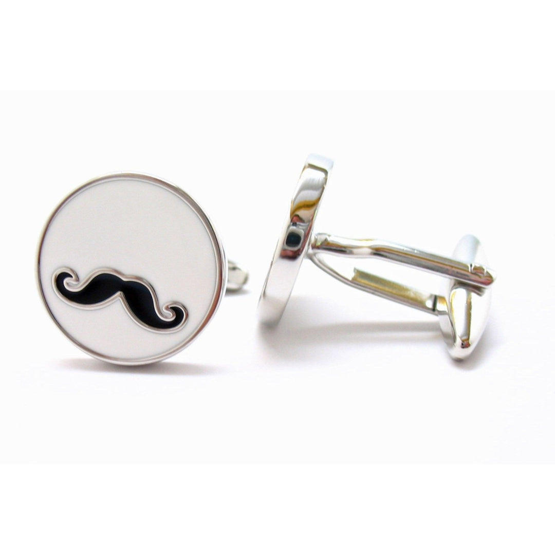 Papas Moustache Cufflinks Black Handlebar White Enamel Round Cuff Links Beard Whiskers Mustachio Comes with Gift Box Image 3