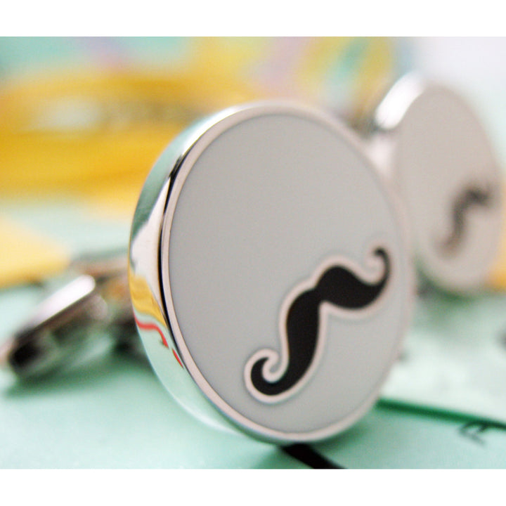 Papas Moustache Cufflinks Black Handlebar White Enamel Round Cuff Links Beard Whiskers Mustachio Comes with Gift Box Image 4