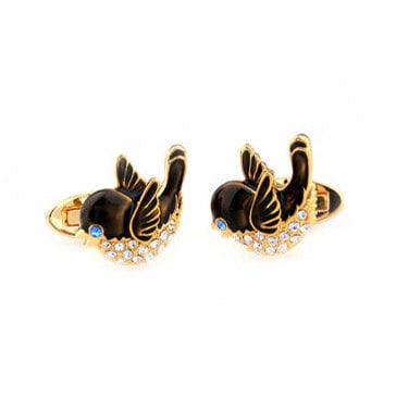 Royal Black Bird of Song Crystals Lined Cufflinks Cuff Links Image 2