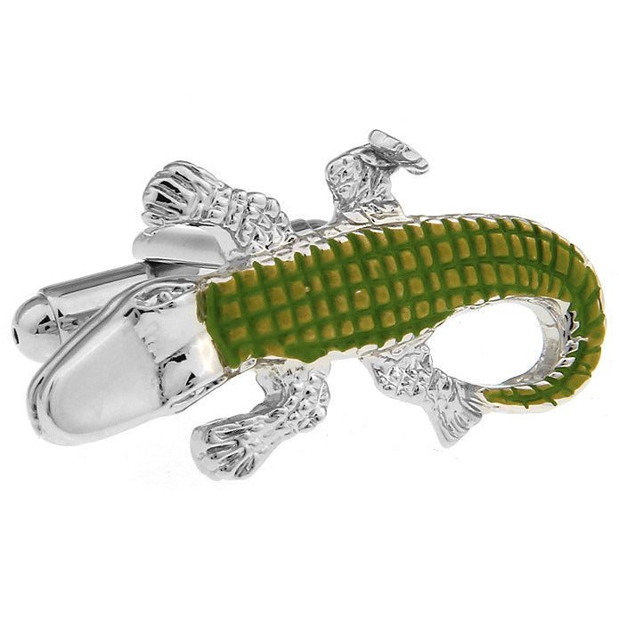 Alligator Cufflinks Silver Tone Green Enamel Crocodile Cuff Links Image 1