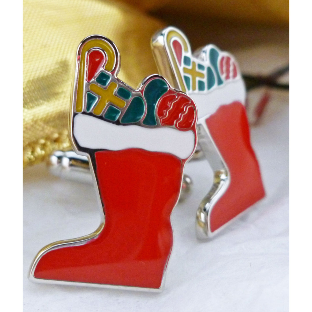 Christmas Stocking Cufflinks Winter Presents Party Time Enamel Cuff Links Image 2