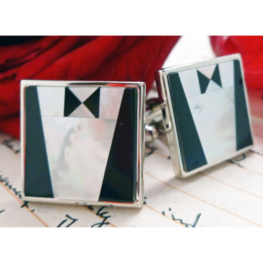 Tuxedo Cuff Links Silver Mother of Pearl Cufflinks Wedding Great for Groom Father of the Bride Wedding Marriage Image 2