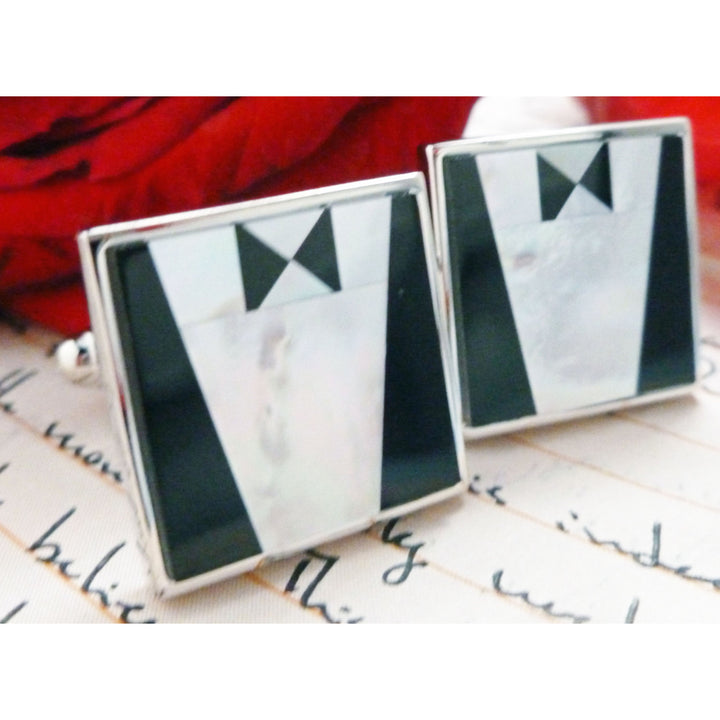 Tuxedo Cuff Links Silver Mother of Pearl Cufflinks Wedding Great for Groom Father of the Bride Wedding Marriage Image 4
