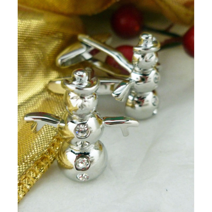 Crystals Snowman Cufflinks 3D Silver Tone Winter Wonderland Cuff Links Christmas Family Parties Work Party Image 2