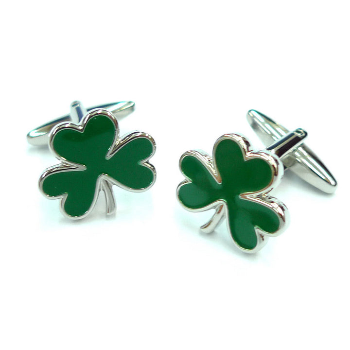 Silver Tone Lucky Green Enamel Irish Enamel Clover Leaf Cufflinks Cuff Links Image 1