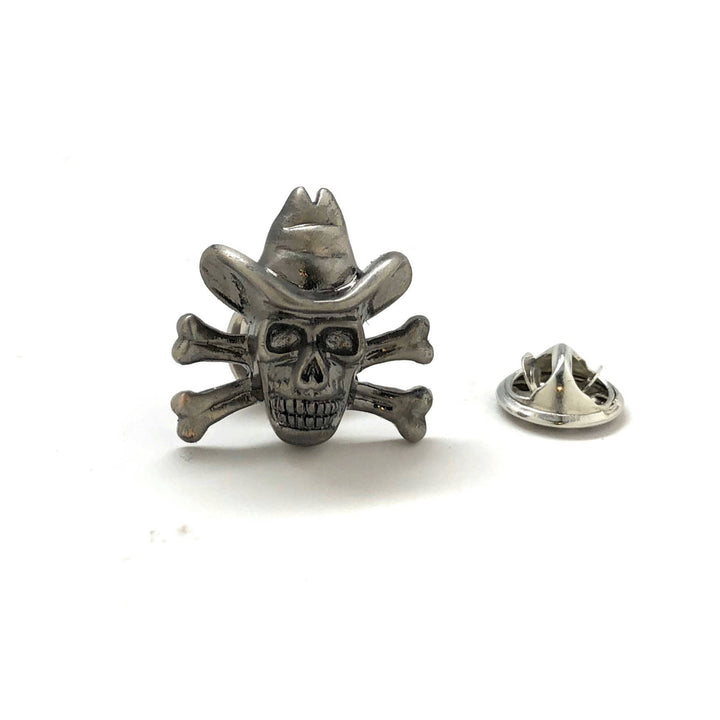 Enamel Pin The Bone Bandit Lapel Pin Antique Silver Cowboy Outlaw Skull and Crossbones Tie Tac Collector Pin White Image 1