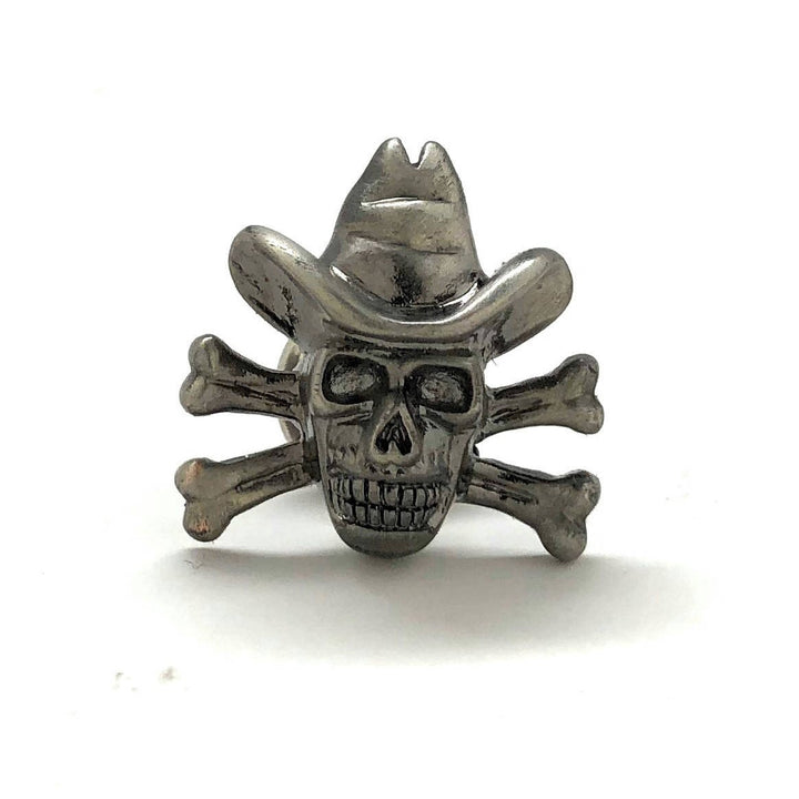 Enamel Pin The Bone Bandit Lapel Pin Antique Silver Cowboy Outlaw Skull and Crossbones Tie Tac Collector Pin White Image 2
