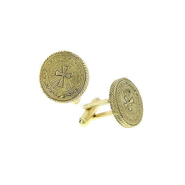 Gold Cross Round Cuff Links Intricate Etched Religious Collection Faith Cufflinks Image 1