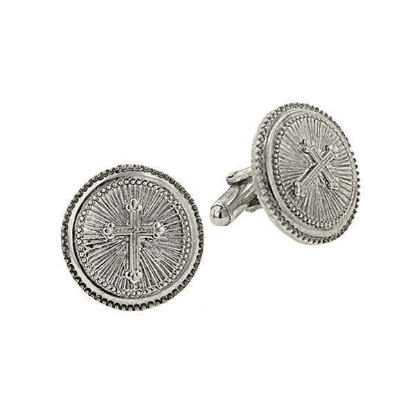 Silver Cross Round Cuff Links Etched Religious Collection Faith Cufflinks Image 1