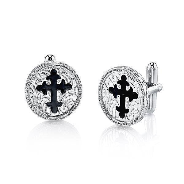 Silver With Black Enamel Cross Cufflinks Religious Collection Round Faith Cuff Links Image 1