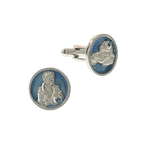 Holy Mother and Child Silver and Blue Enamel Backgound Cufflinks Religious Collection Faith Cuff Links Image 1